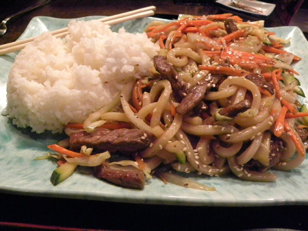 rice, beef, and noodles