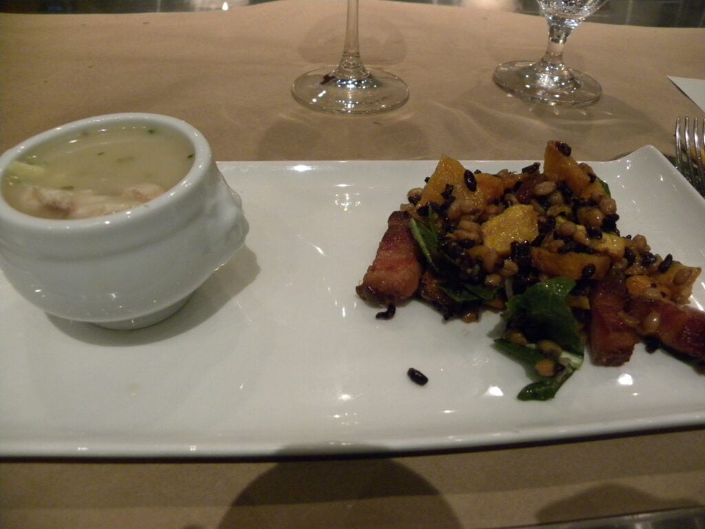 chicken soup with dumplings, farro and black rice salad