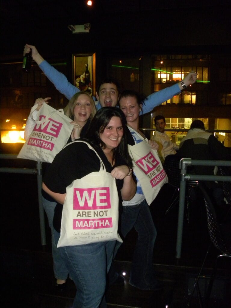 sarah, nic, melis, and chris with totes